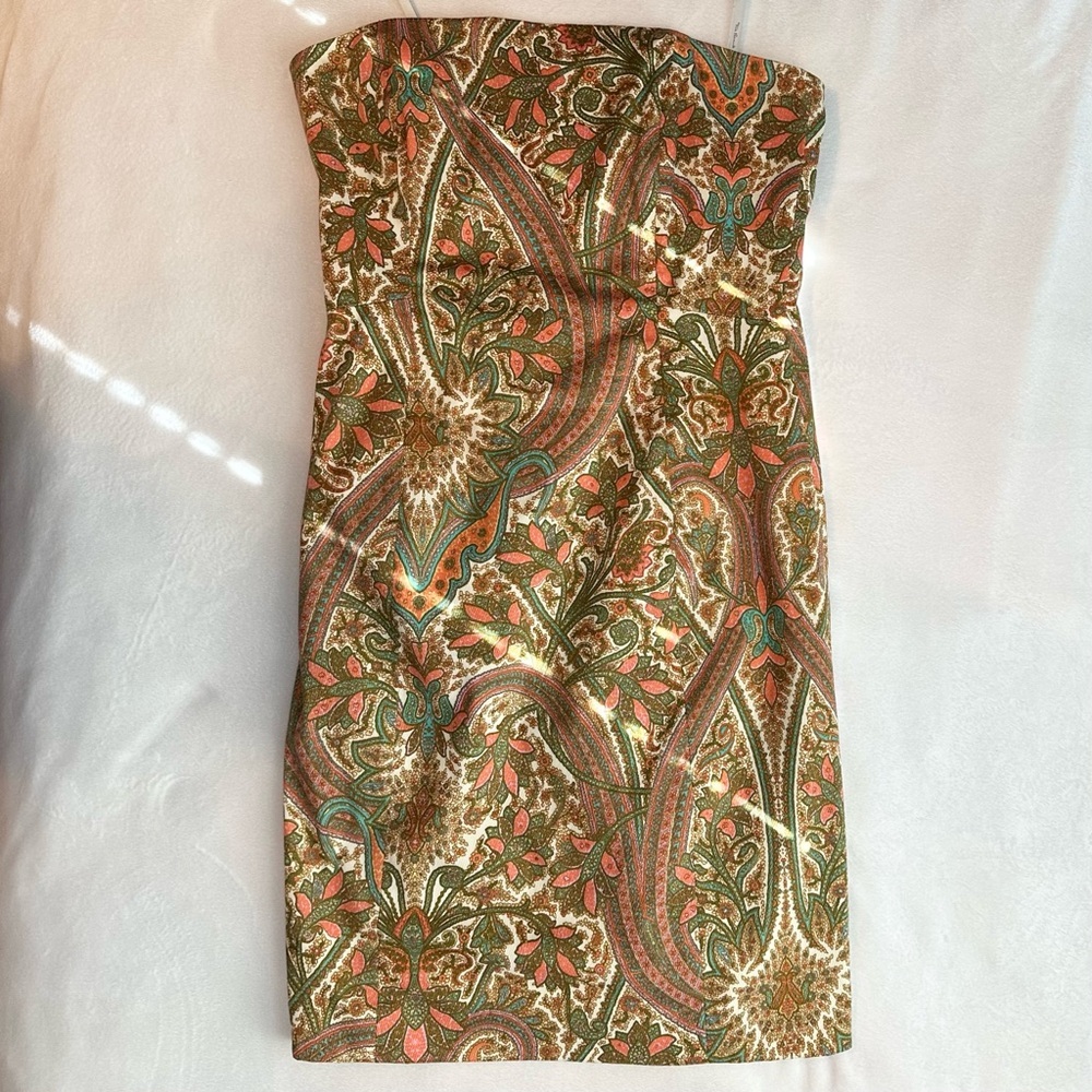 Tori Richard Strapless Mini Dress in Gold, Coral & Teal Paisley
